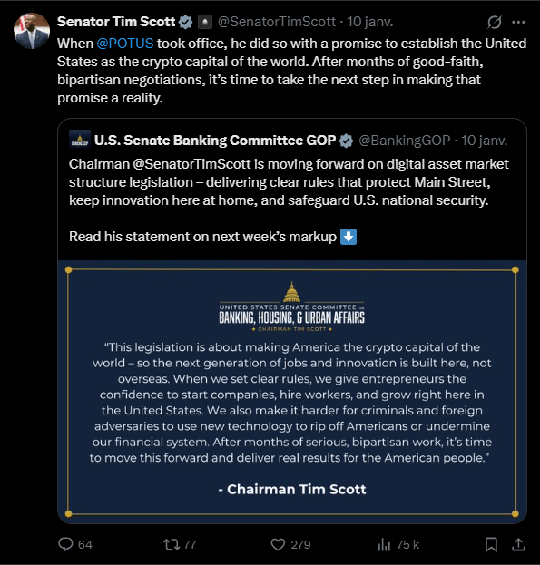 La cryptomonnaie est devenue un sujet politique à part entière aux États-Unis. Une situation largement soutenue par le candidat Donald Trump lors de sa campagne présidentielle, et sans surprise, ce dernier a tenu en grande partie ses promesses une fois arrivé au pouvoir en initiant un changement de cap historique pour le secteur des actifs numériques. C’est la raison pour laquelle le président de la commission bancaire du Sénat, Tim Scott, veut plus que jamais faire des USA la « crypto capital of the world ». Le CLARITY Act avance à grands pas à Washington. 