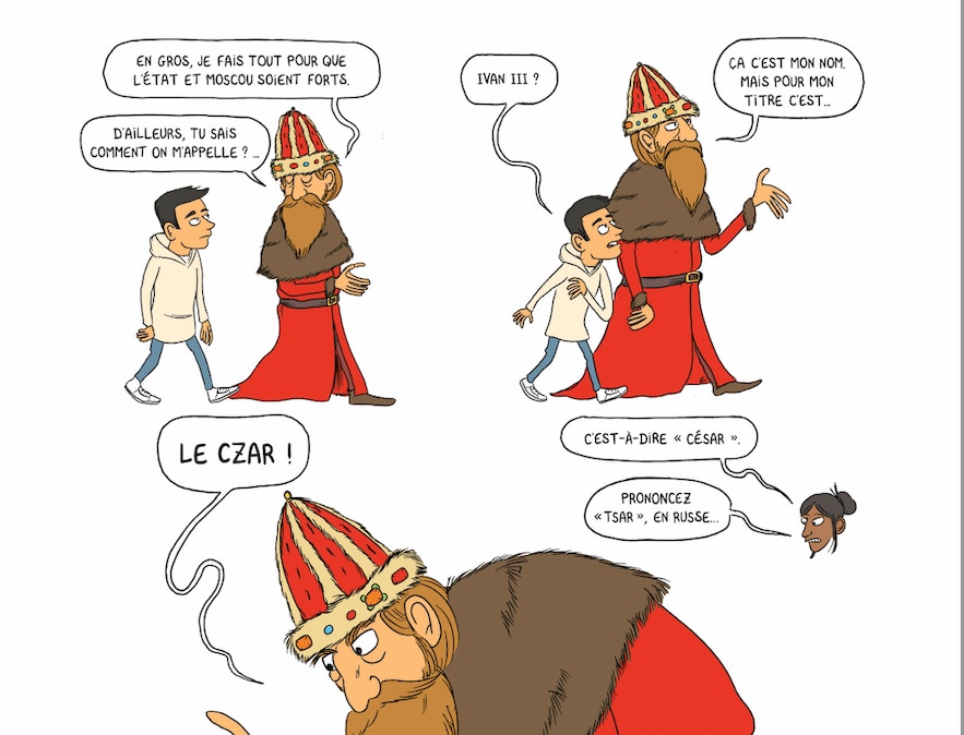Une case de la bande dessinée "HugoDécrypte en Russie" (ALlary edtions, 2025) où l'on voit le journaliste-Youtubeur Hugo Travers avec le tsar Ivan III. Hugo