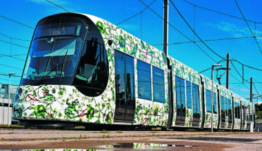 Habillés d’une œuvre originale de Barthélémy Toguo, artiste de renommée internationale, les tramways de la ligne 5 s’inscrivent dans la tradition artistique de la ville (© TaM).