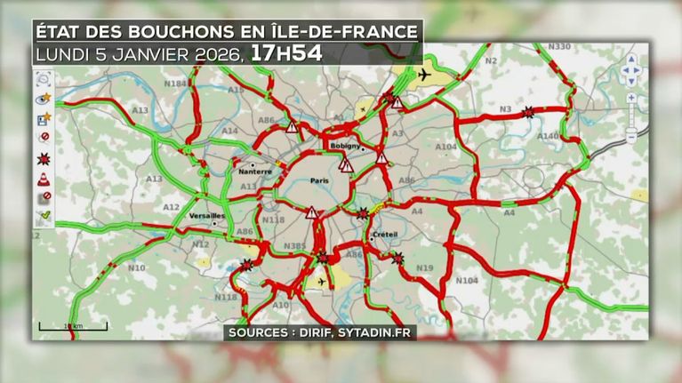 L'état des bouchons en Île-de-France, à 17h54, ce lundi 5 janvier. - Capture d'écran TF1.