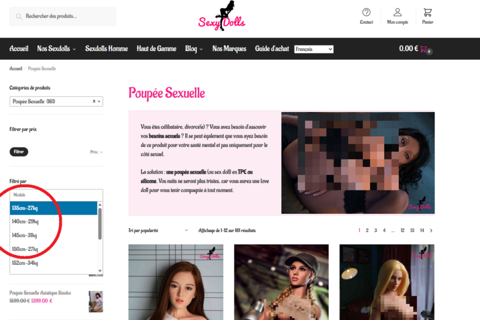 Sur le site internet, il est possible de choisir la taille de sa poupée et certaines ont des apparences très juvéniles.