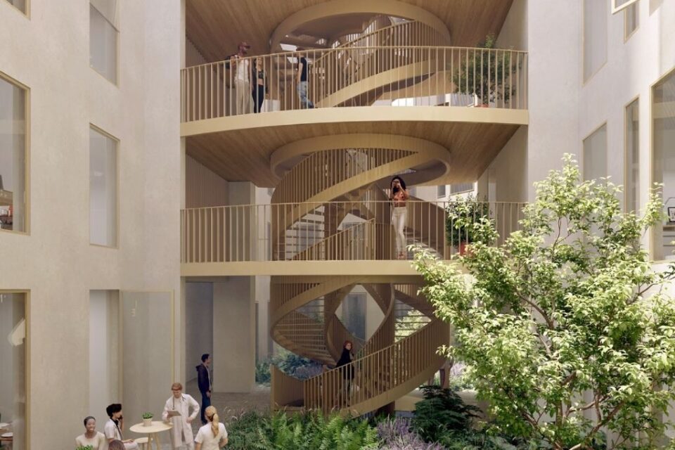 Un escalier à double révolution prendra place à l'îlot Saint-Martin. Conçu par Dominique Perrault, il sera fabriqué par les Compagnons du devoir.