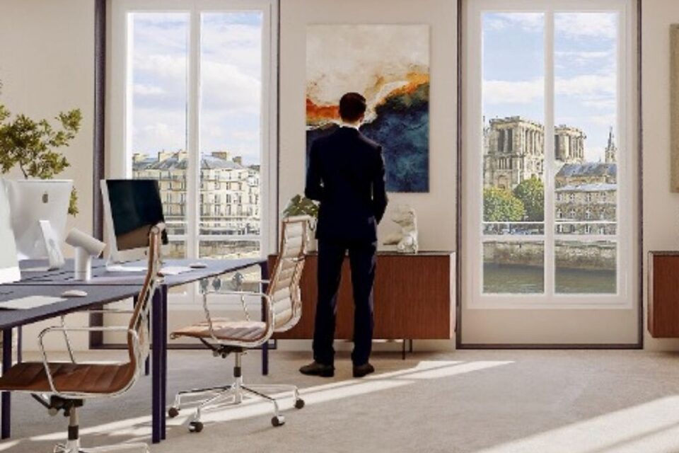 Perspective d’une vue intérieure des bureaux sur l’île de la Cité et Notre-Dame.