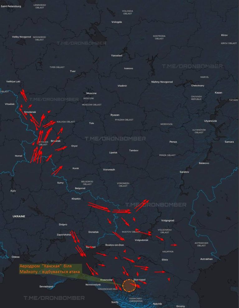 Cette carte montre les zones concernées par des survols de drones dans la nuit du dimanche 28 au lundi 29 décembre 2025 - DroneBomber / Telegram