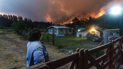 Une femme observe un incendie de forêt à El Hoyo, dans la province de Chubut, en Argentine, le 7 janvier 2026. (MATIAS GARAY / EFE / AFP)
