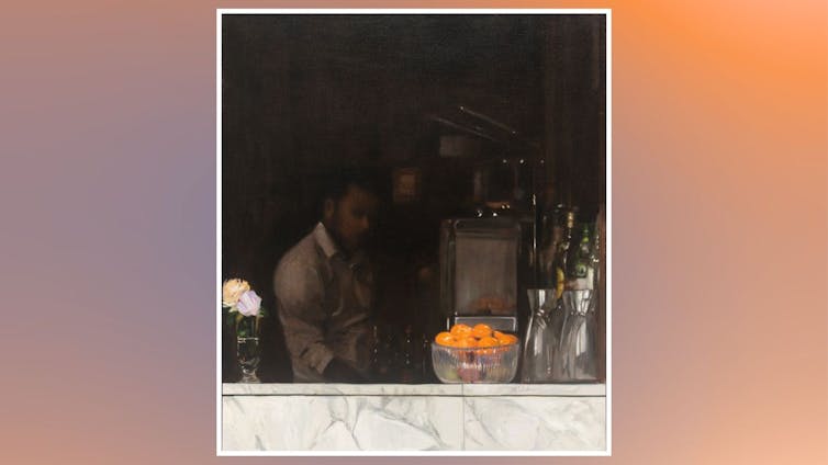 Peinture représentant un homme assis dans l’obscurité derrière un bar