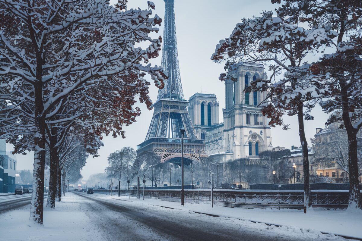 Rue de Paris enneigée avec des monuments emblématiques en arrière-plan.