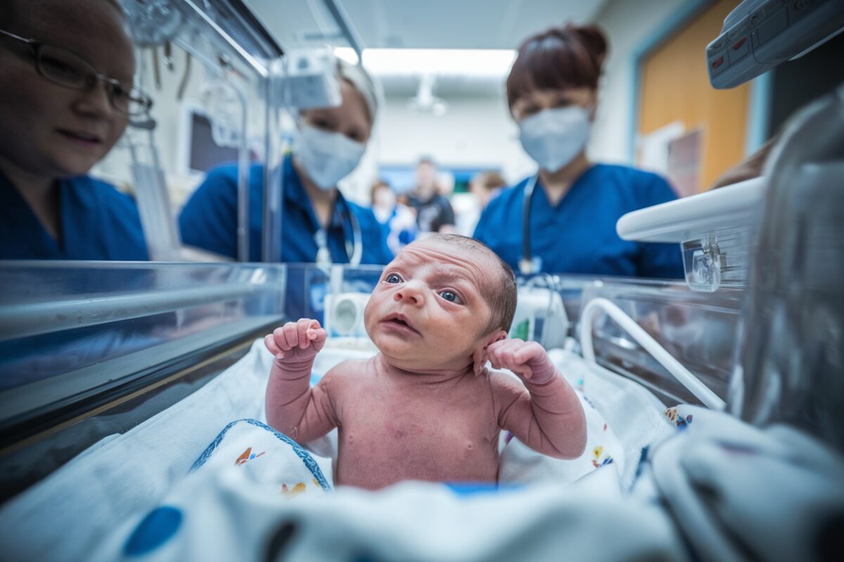 Un bébé prématuré avec des mains minuscules dans un incubateur