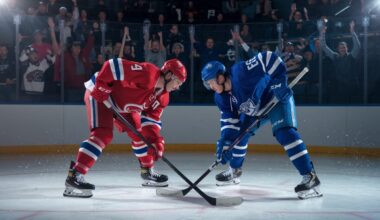 Deux joueurs de hockey en plein match intense, capturant la rivalité sur la glace.
