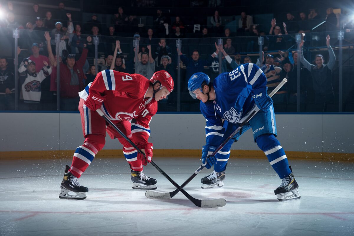 Deux joueurs de hockey en plein match intense, capturant la rivalité sur la glace.