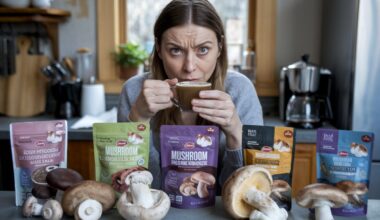 Femme tenant une boisson aux champignons, expression sceptique.