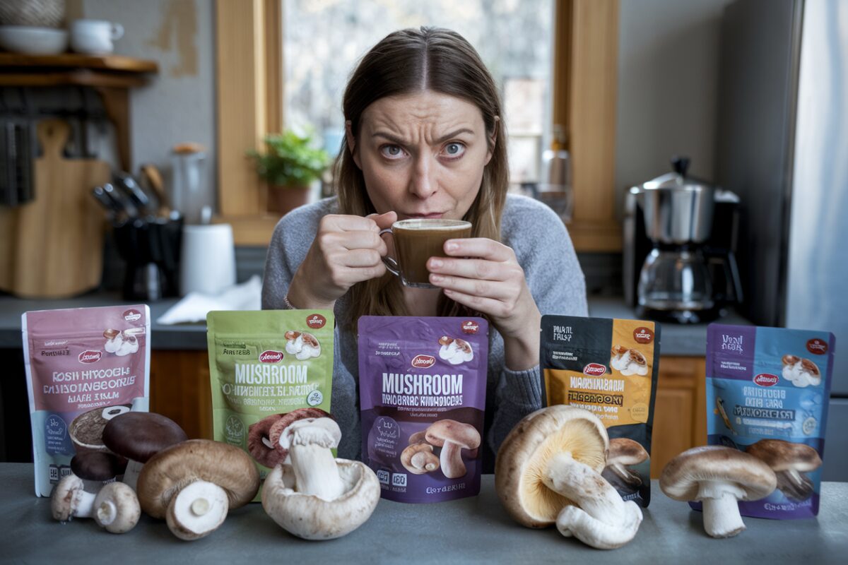 Femme tenant une boisson aux champignons, expression sceptique.