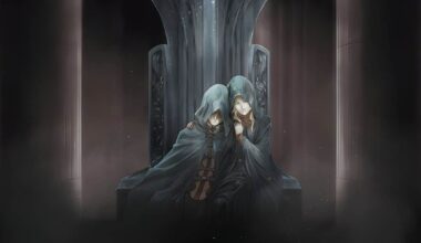 Deux personnages encapuchonnés assis sur un trône.