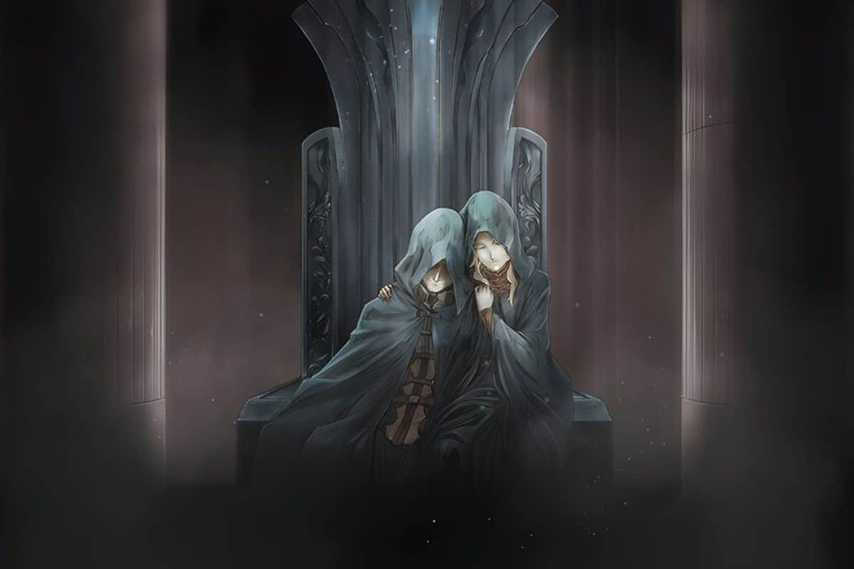 Deux personnages encapuchonnés assis sur un trône.