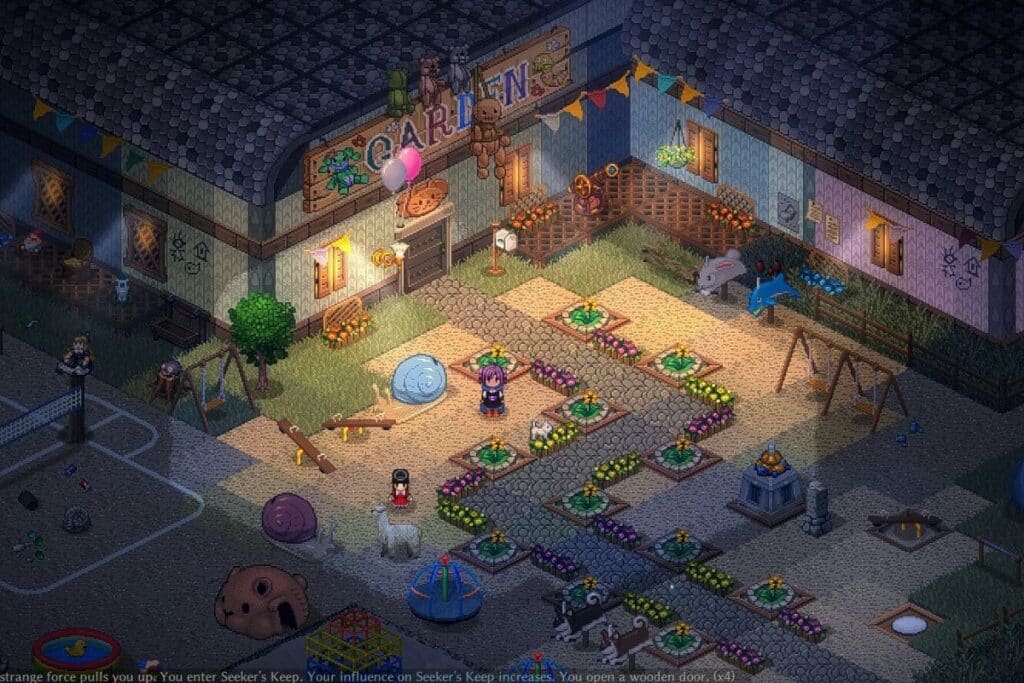 Scène de jardin avec fleurs et personnages pixelisés.
