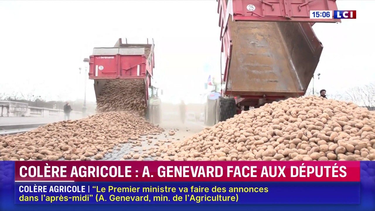 Les agriculteurs déversent des tonnes de pommes de terre près de la place de la Concorde à Paris