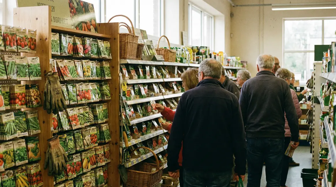 Rayon de supermarche Lidl au Royaume-Uni avec sachets de graines legumes et herbes