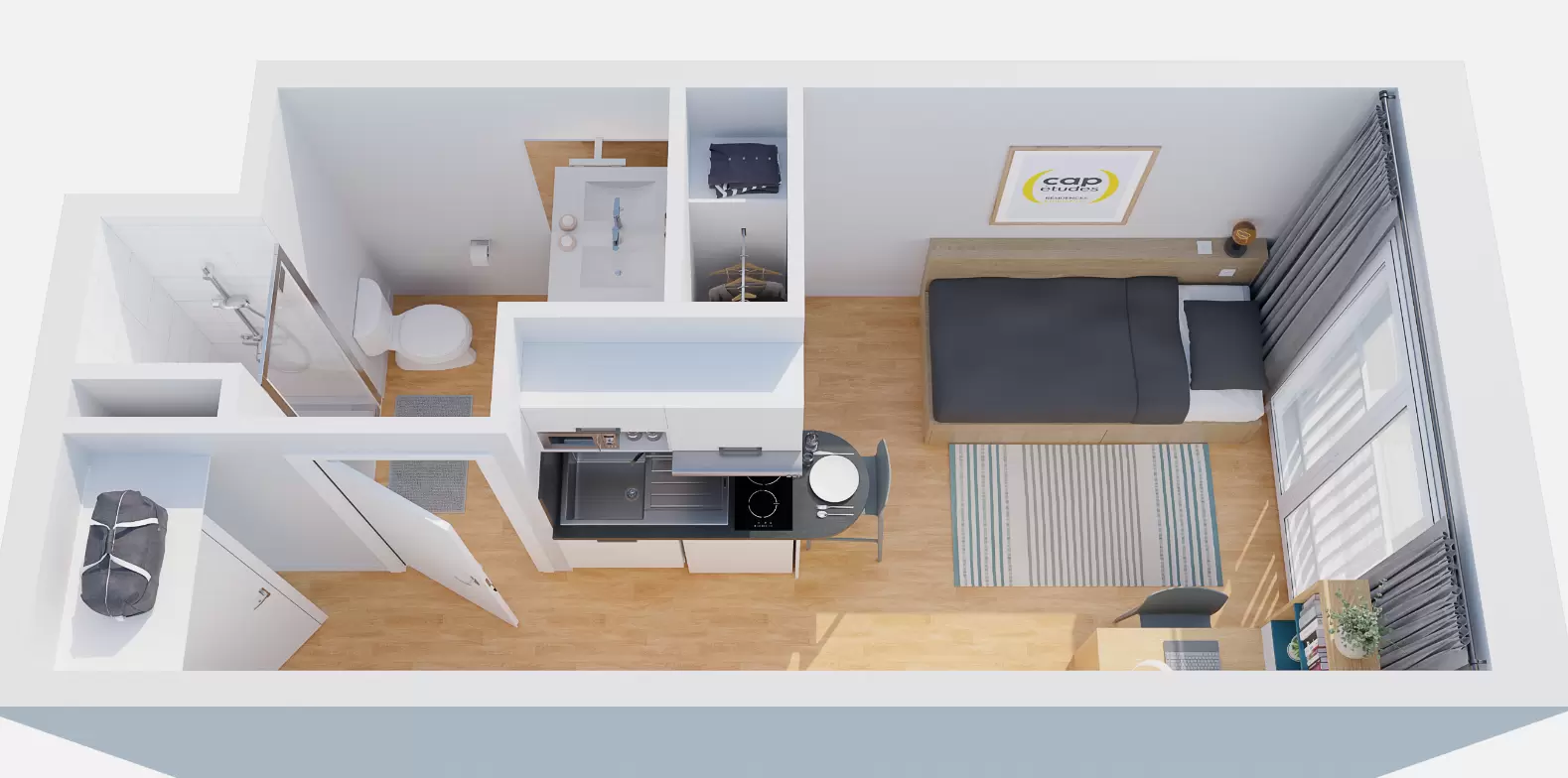 Exemple d’un studio de18 m² meublé (plan non contractuel) @LWS Hospitality