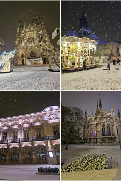 Les principaux monuments de Reims, enneigés le lundi 05 janvier 2026.