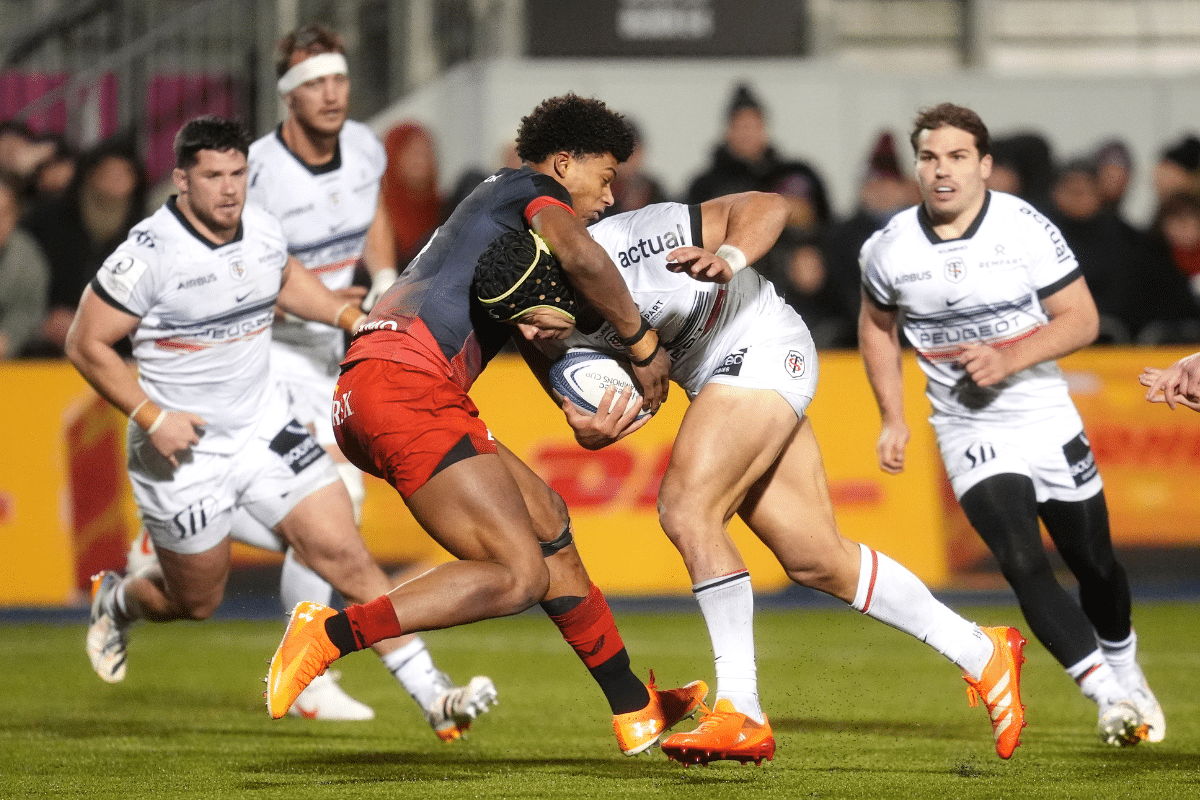 Stade Toulousain's Santiago Chocobares is tackled during the Investec Champions Cup match at StoneX Stadium, London