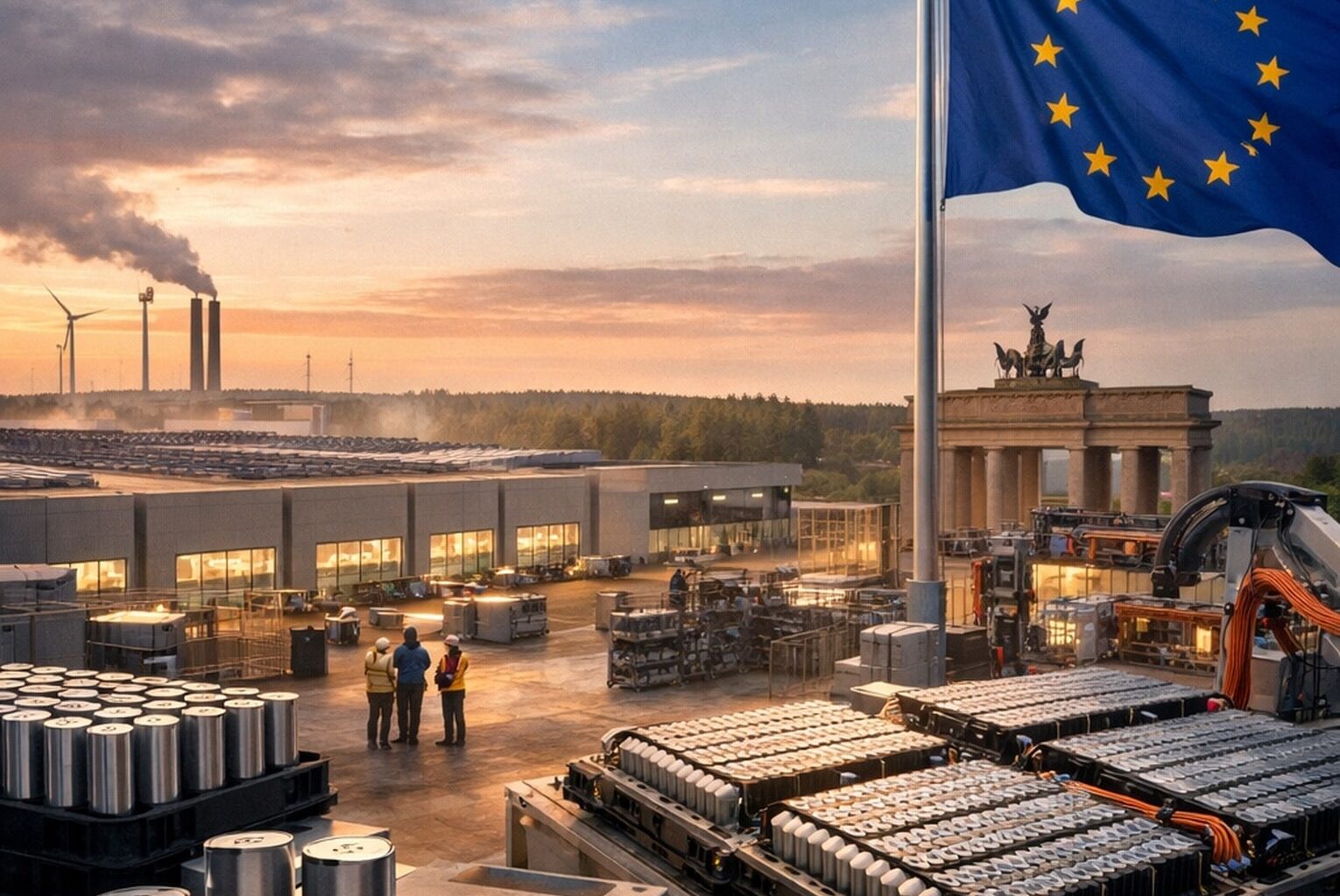 Vue d’une usine européenne de batteries pour véhicules électriques au coucher du soleil, avec des cellules cylindriques au premier plan, des robots d’assemblage et un drapeau de l’Union européenne.