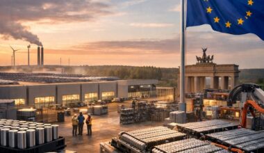 Vue d’une usine européenne de batteries pour véhicules électriques au coucher du soleil, avec des cellules cylindriques au premier plan, des robots d’assemblage et un drapeau de l’Union européenne.