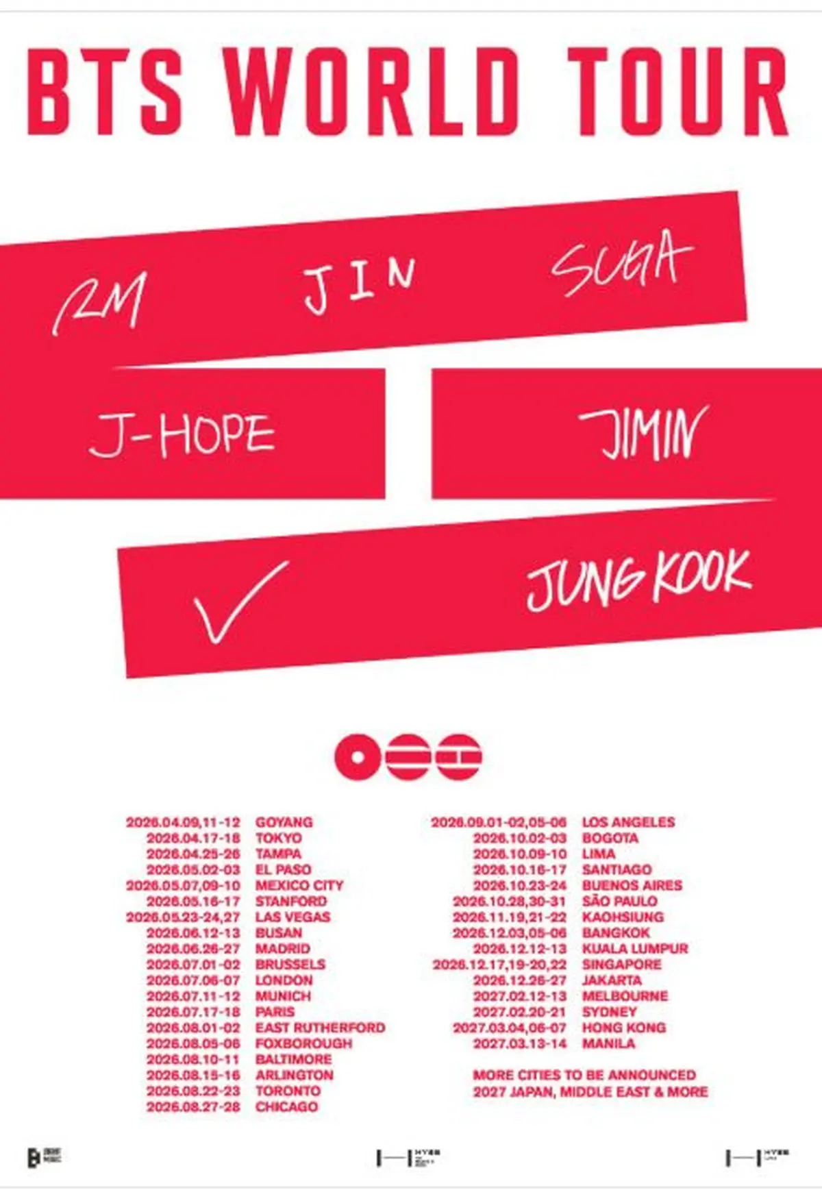 Villes et dates de la tournée mondiale 2026 de BTS