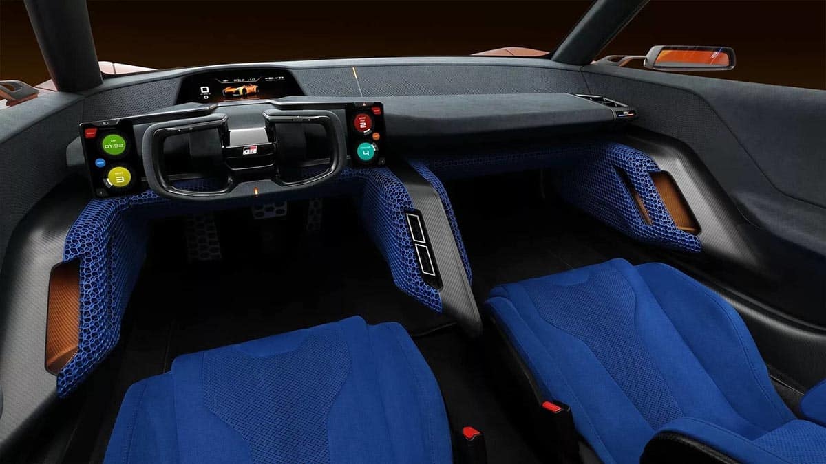 Intérieur du Toyota FT-Se avec double écran et volant futuriste