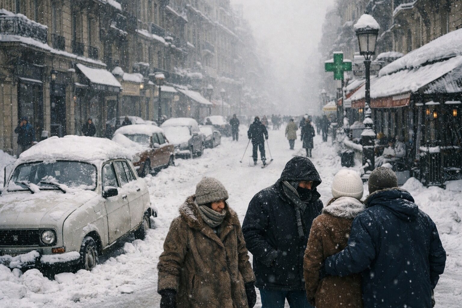 Boulevard Saint-Germain à Paris sous une forte neige, voitures immobilisées et passants emmitouflés, 1985.