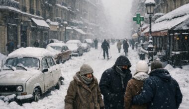 Boulevard Saint-Germain à Paris sous une forte neige, voitures immobilisées et passants emmitouflés, 1985.