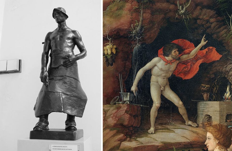 À gauche, « Le démouleur de lingots » de Constantin Meunier, fin du XIX<sup>e</sup> siècle. À droite, « Le Parnasse » (détail de Vulcain), d’Andrea Mantegna, 1497