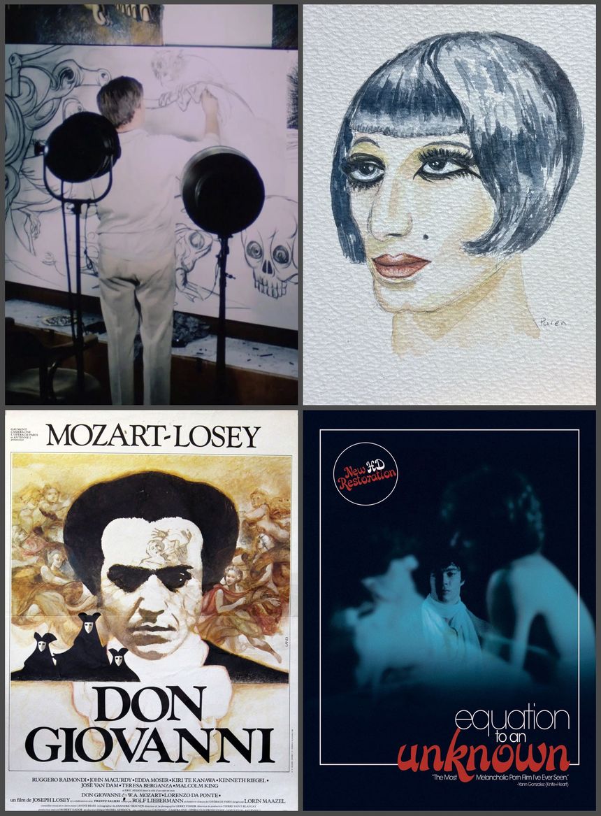 de haut en bas et de gauche à droite : image du film "Le journal d'un combat (1964) / Portrait d'Erna Von Scratch (Jean- Claude Dreyfus), aquarelle de Vincent Puren / Affiche du film "Don Giovanni" et pochette du DVD "Equation à un inconnu"