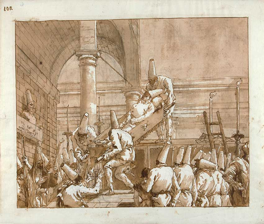 Giandomenico Tiepolo, Les Funérailles de Polichinelle, plume, encre burne et lavis sur une esquisse à la pierre noire, collection privée. Galerie Coatalem