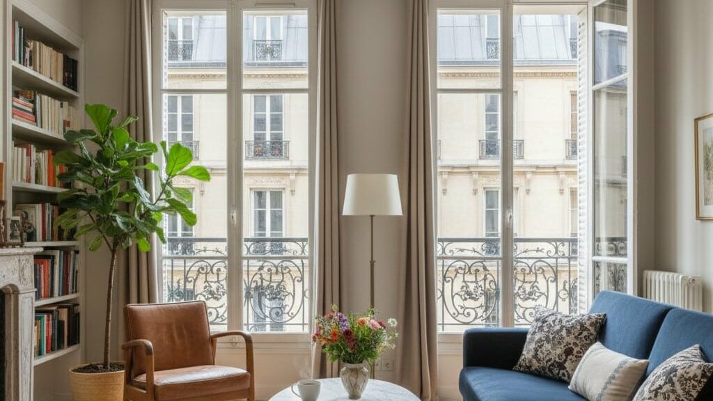 "Intérieur d'un appartement parisien typique de style haussmannien avec parquet en chevrons, grandes fenêtres ouvertes sur des balcons en fer forgé, un canapé bleu élégant et une bibliothèque, baigné de lumière naturelle."