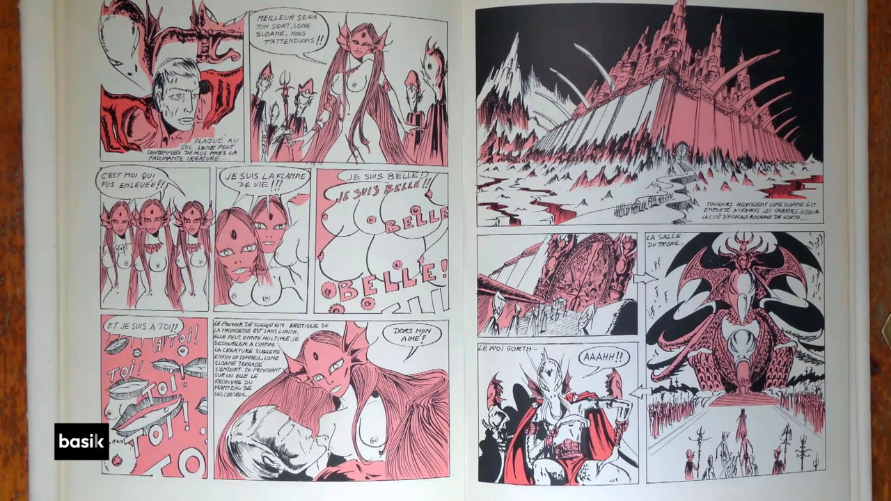 Deux pages du tome 1 de la BD "Lone Sloane", intitulé "Le mystère des abîmes", de Philippe Druillet.