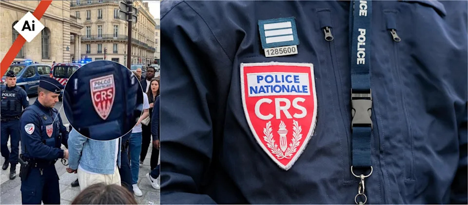 <span>Comparaison de l'écusson CRS sur une veste d'un policier dans l'image générée par IA (à gauche) avec une photographie prise à Châtel-Saint-Germain, en Moselle (est), le 23 février 2023 (à droite). Mise en évidence et symbole IA ajoutés par l'AFP.</span><div><span>Jean-Christophe VERHAEGEN</span><span>AFP</span></div>