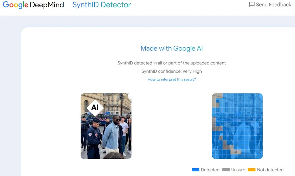 <span>Capture d'écran, prise le 26 mars 2026, de l'analyse de SynthID montrant que l'image a été générée par IA avec Google AI. Symbole IA ajouté par l'AFP.</span>