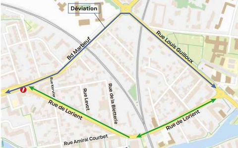 Rue de Lorient, la circulation sera interdite dans le sens ouest-est entre le boulevard Marbeuf et la rue Amiral-Courbe.