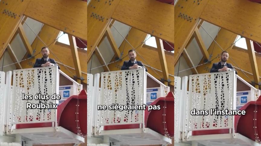 Captures d’écran de la vidéo dans laquelle David Guiraud, le maire LFI de Roubaix, impute la durée de fermeture de la piscine Thalassa aux absences des élus de Roubaix.