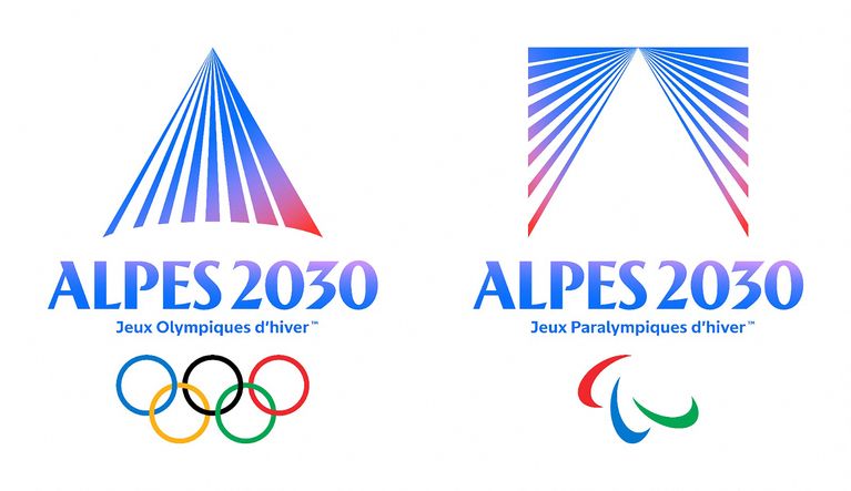 Cette photographie diffusée le 18 juin 2026 montre les logos des Jeux olympiques et paralympiques d’hiver 2030