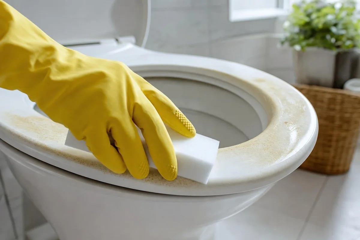 Ce geste tout simple est l’un des plus efficaces pour blanchir un abattant de WC jauni