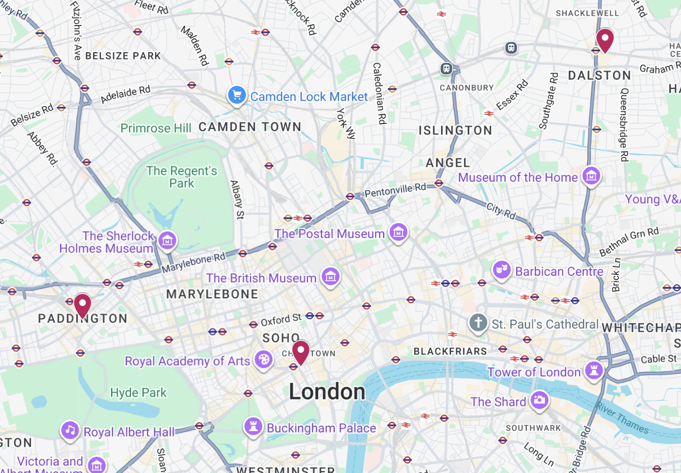 central london map: landmarks, parks and thames