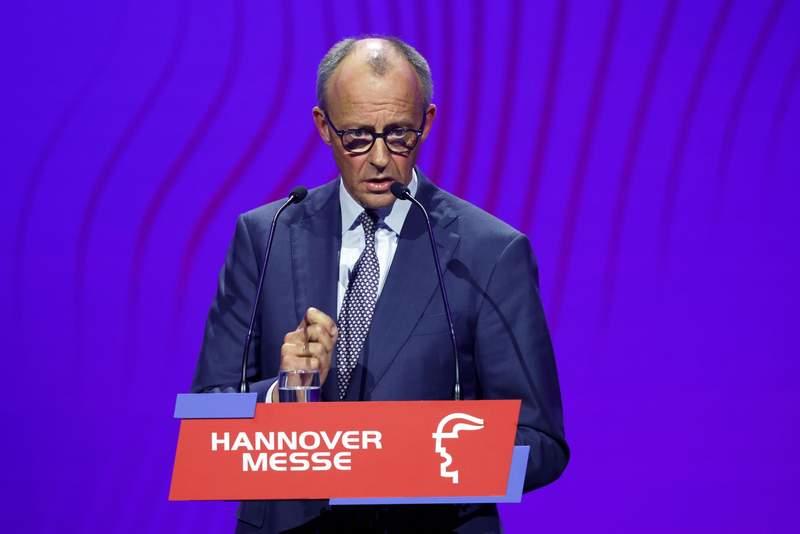 German Chancellor Friedrich Merz speaks at the opening of the Hanover Trade Fair. Michael Matthey/dpa