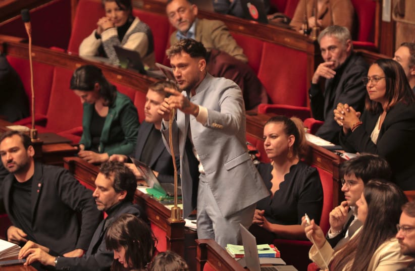 View of Raphael Arnault LFI deputy opposing the European resolution proposal of the DR group aiming to include the Muslim Brotherhood movement on the European list of terrorist organizations at the National Assembly in Paris France on January 22, 2026.