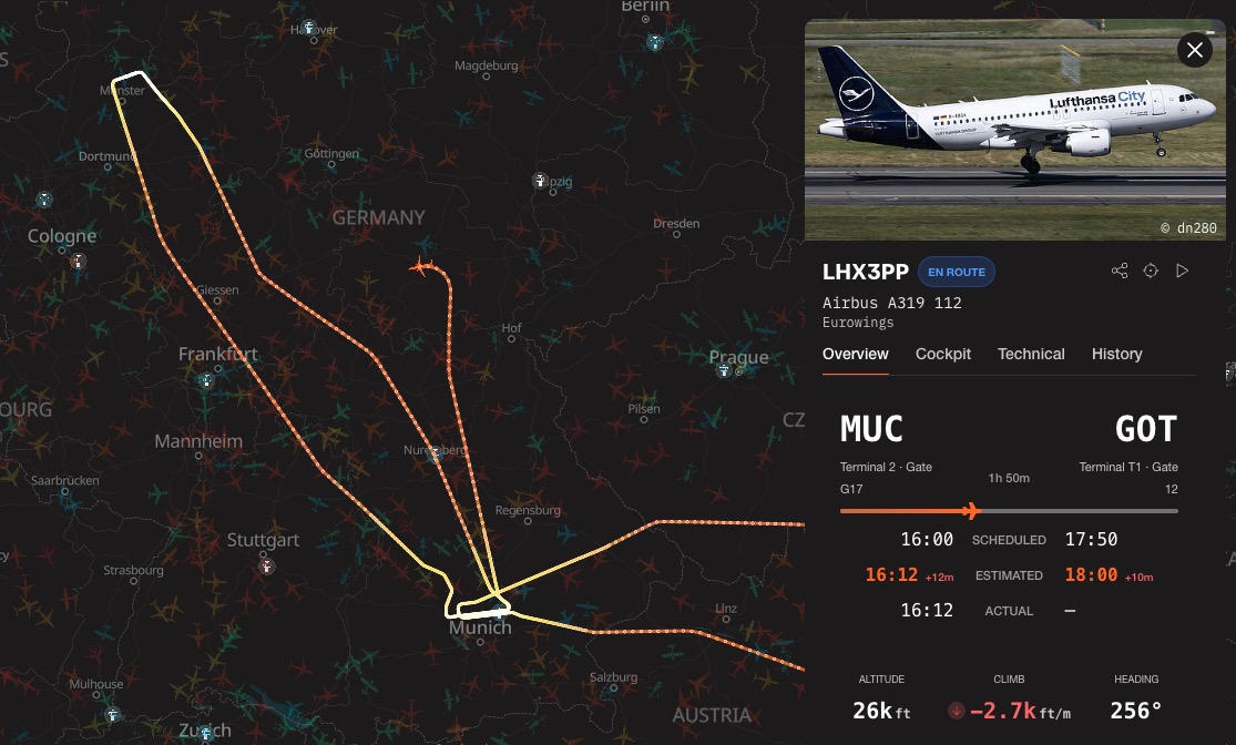 Lufthansa City VL2430 from Munich to Gothenburg is declaring an emergency and turning around