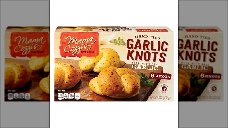 Package of seasoned garlic knots against white background.