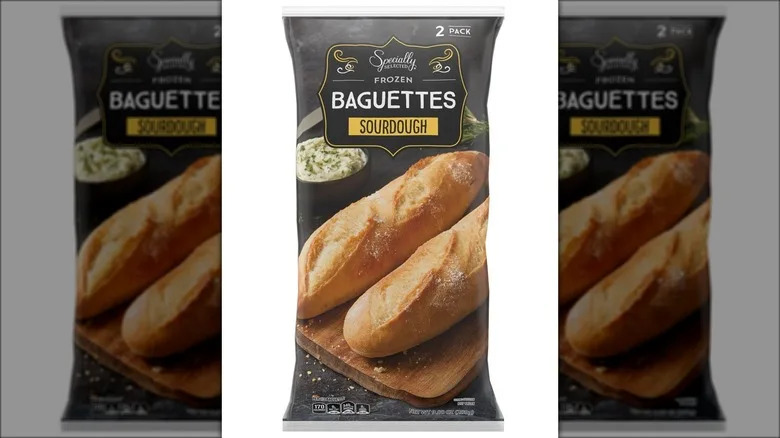 Two-pack of frozen sourdough baguettes against white background.