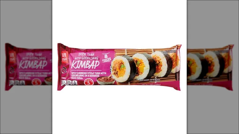 Pack of premade spicy tuna kimbap against white background.