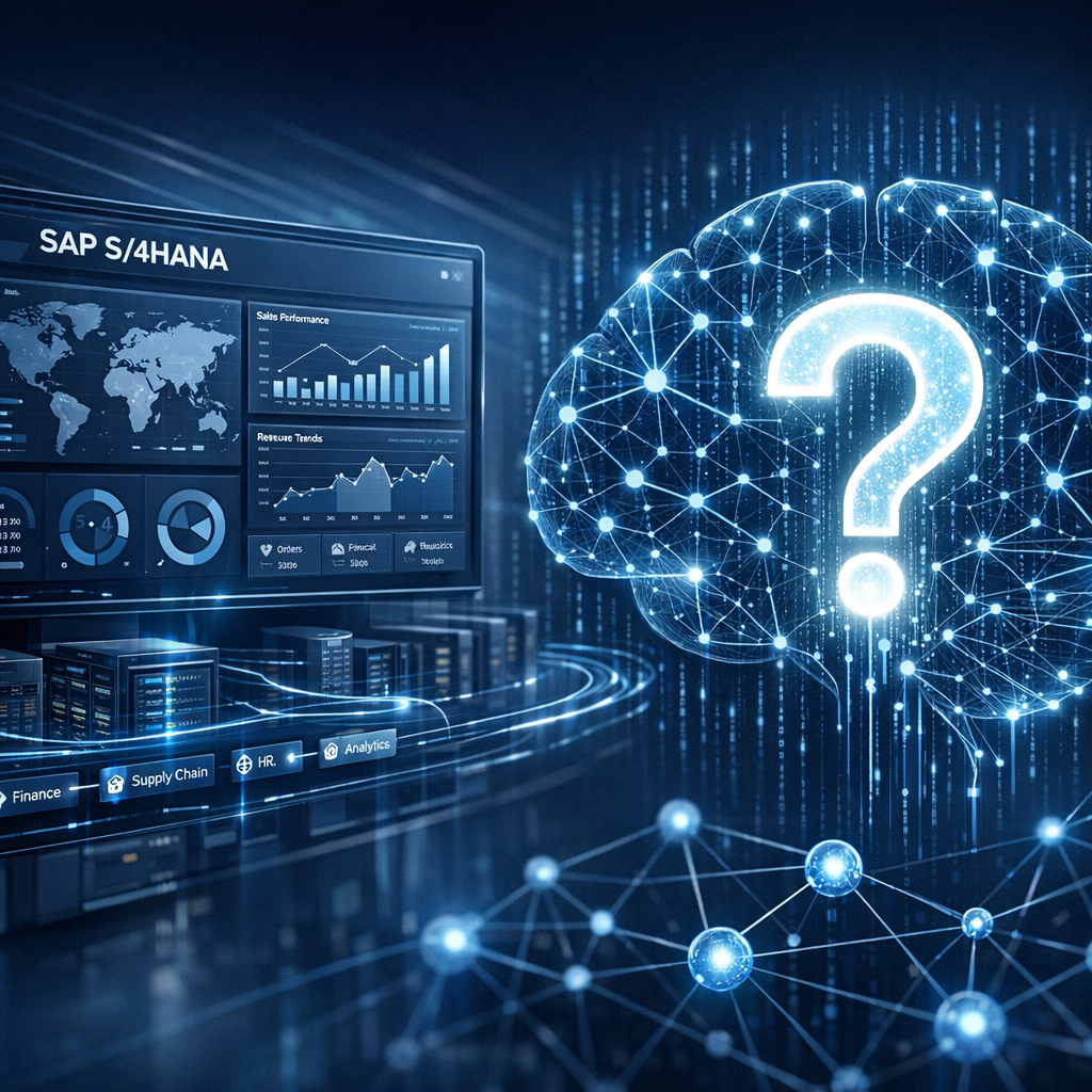 ERP AI readiness gap after S/4HANA migration - digital brain with question mark on enterprise data dashboard