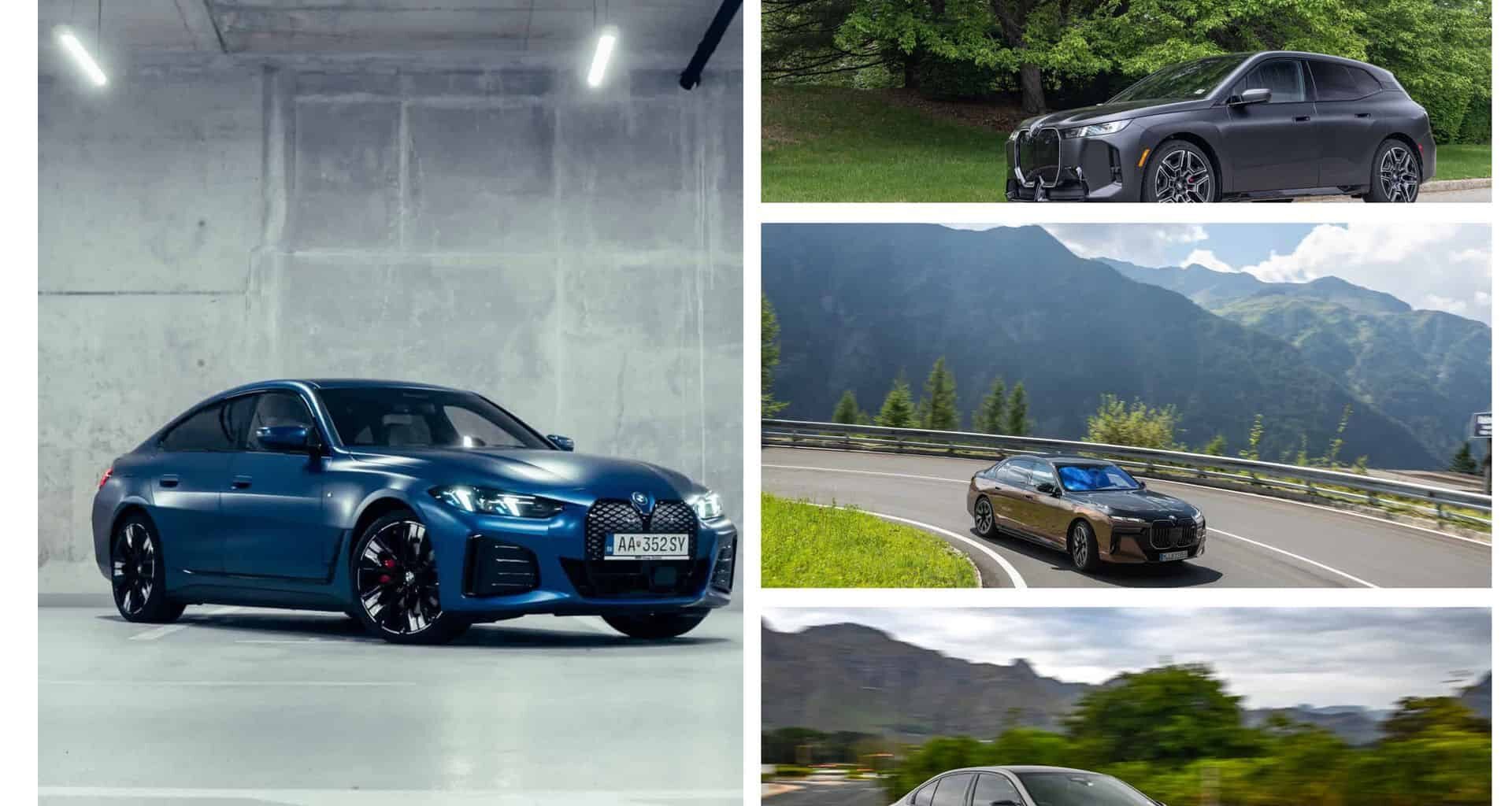 BMW i4, i5, i7, and iX electric vehicles side by side in a lineup for depreciation comparison